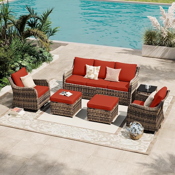 MEISSALIVVE Patio Furniture Set with Swivel Rocking Chairs, 6 Pieces Patio Conversation Set, Outdoor Wicker Sofa Couch with Waterproof Cushions for Lawn Backyard Porch (Red)