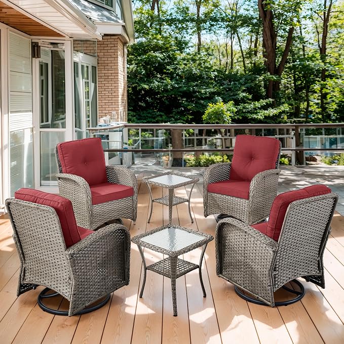 Outdoor Swivel Glider Rocker Chairs Set of 4 - Wicker Patio Furniture Set All Weather Patio Conversatio Sets with 2 Tempered Glass Side Table for Deck Backyard - Grey Wicker Red Cushion