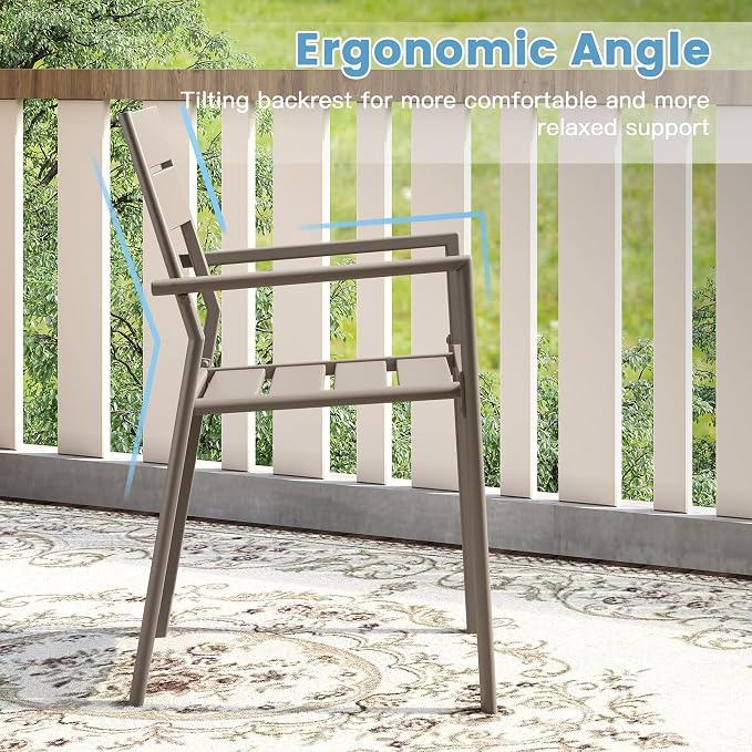 DIFY 7 Piece Outdoor Patio Dining Set for 6, Patio Table and Chairs Set with Umbrella Hole, 47.2" Round Dining Table and Stackable Metal Chairs for Backyard Garden Poolside, Grey Wood-Like & Sandshell