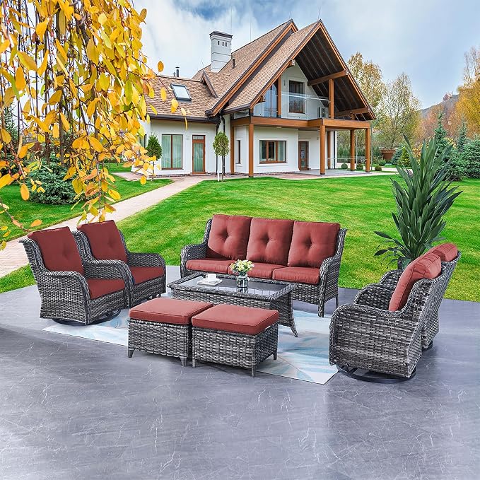 Rilyson Patio Furniture Swivel Chairs Set - 8 PC Wicker Rattan Outdoor Sectional Conversation Sets with 4 Swivel Rocking Chairs,2 Ottomans,1 Sofa and 1 Coffee Table for Porch Deck(Mixed Grey/Red)