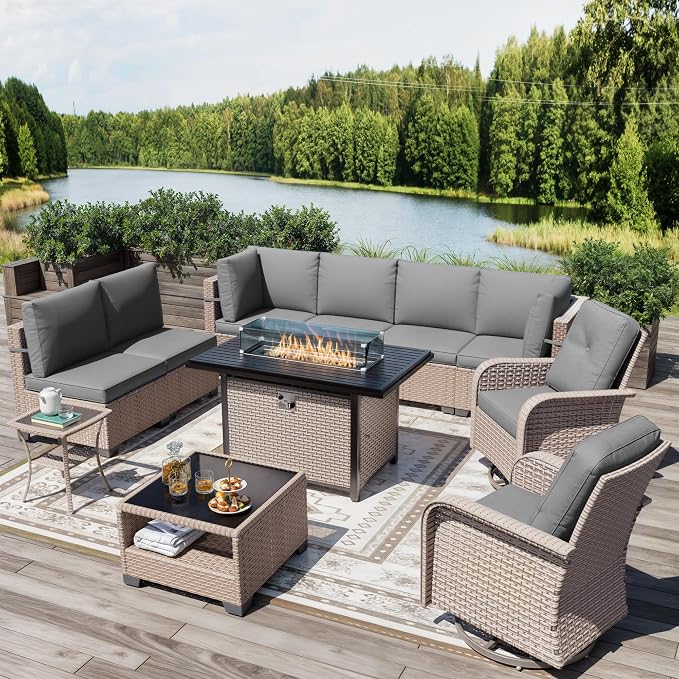 11 Pieces Patio Furniture Set with Fire Pit Table, Outdoor Sectional Wicker Sofa with Thick Cushions, High Back Swivel Rocker Patio Chairs, Rattan Conversation Set with Coffee Table, Grey