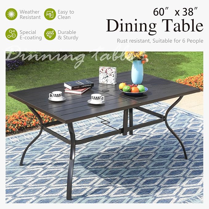 Sophia & William 7 Piece Metal Outdoor Patio Dining Bistro Sets with Umbrella Hole, 60" x 37.8" Rectangle Patio Table and 6 Backyard Garden Outdoor Chairs