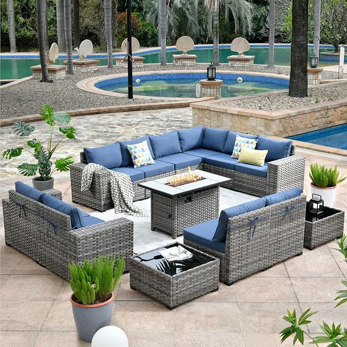 HOOOWOOO Outdoor Patio Sectional Furniture Sofa Set with Propane Fire Pit Table,13 Piece Large Modern Wicker Couch with Widened Armrest,Modular L Shaped Conversation Seating Set(Denim Blue)