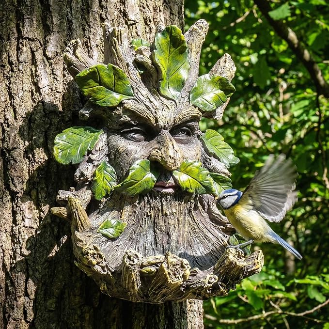 10.3" Whimsical Tree Face Sculpture, Garden Peeker Statue, Outdoor Trunk Tree Huggers Art, Landscape Accent Ornament, Hanging Fairy Elve Figurine for Yard Art, Feeder Decor Wall Mounted Statue