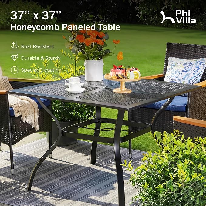 PHI VILLA Outdoor Dining Set for 4, 37" Metal Table & Chairs w/Cushions | 5 pcs black wrought iron square furniture set w/ umbrella hole. All weather for patio, deck, yard, porch