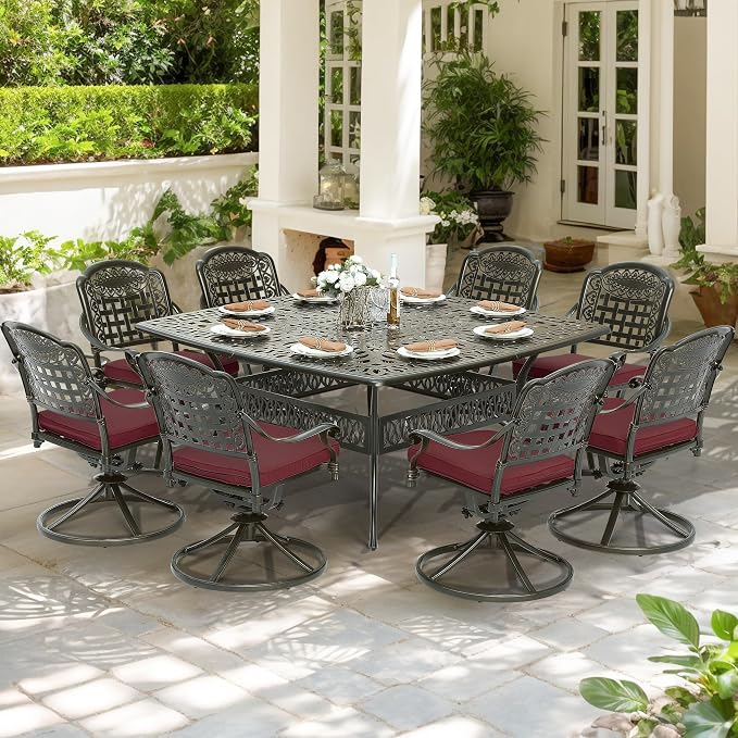 SOCIALCOMF 9-Piece Patio Cast Aluminum Dining Set, Outdoor Table and Chairs Set for 8, Includes 64" Large Square Dining Table and 8 Swivel Rocker Chairs with Umbrella Hole for Lawn Garden, Red
