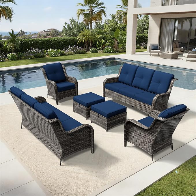 Joyside 6 Piece Wicker Patio Furniture Set, Rattan Patio Chairs with High Back, Deep Seating, Wide Armrest, Thickened Cushions, Outdoor Furniture for Deck, Porch Use