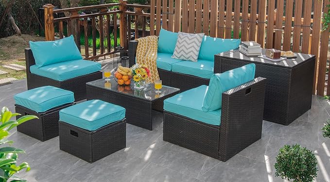 COSTWAY 8-Piece Outdoor Patio Furniture Set, Rattan Sectional Sofa, Armless Chairs, Side Table with Storage Ottoman & Glass Coffee Table, Space-Saving Conversation Set for Garden Deck (Turquoise)