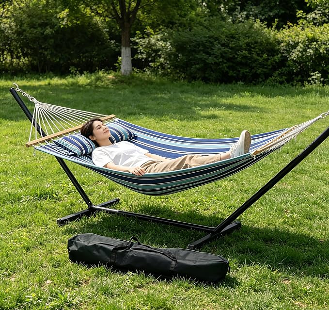 Double Hammock with Stand for 2 Person, Outdoor Freestanding Hammock Bed with 475lb Capacity - Heavy Duty Steel Frame, Quilted Pillow & Portable Carry Bag, Easy Assembly, Blue