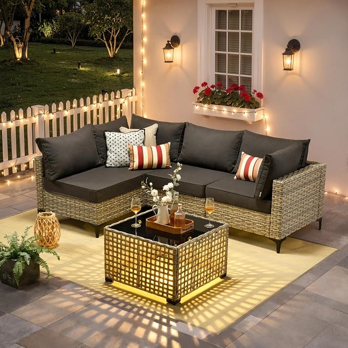 5 Piece Outdoor Sectional Patio Furniture Set with Solar Lighted Coffee Table, Modular Wicker Conversation Set with Flexible L-Shaped Layout for Porch Balcony Backyard, Black