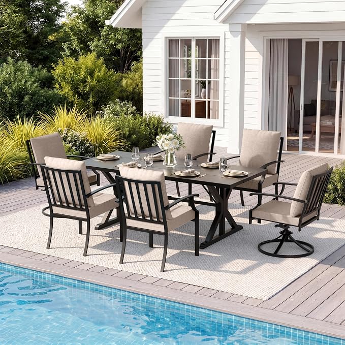 7 Pieces Patio Dining Set Outdoor Conversation Set,Metal Outdoor Furniture Set with Umbrella Hole Cut-Out 78.7" x 35.4" Table and 8 Metal Chairs for Backyard,Garden,Sand