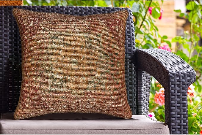 Liora Manne Lush Decor Marina Indoor/Outdoor Power Loomed Easy Care Pillow - Traditional Geometric Casual Accent (Heriz Terracotta) (18" x 18")