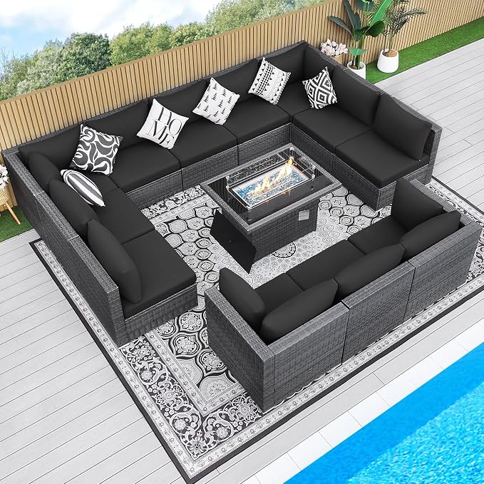 BULEXYARD 13 Piece High Back Outdoor Furniture Sets with Fire Pit, Luxury Patio Sectional Couch Sofa 12-Seater Modular, Comfortable Extra Large Wide Deep Backyard Seating Conversation Set, Grey&Black