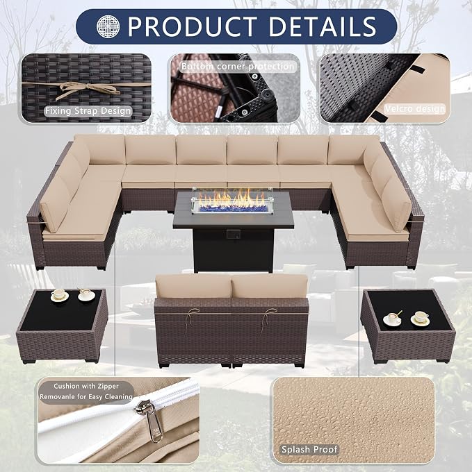 Outdoor Terrace Furniture Set with 43-Inch Aluminum 55001 BTU Propane Fire Pit, 15 Piece PE Willow Vine Dialogue - Brown