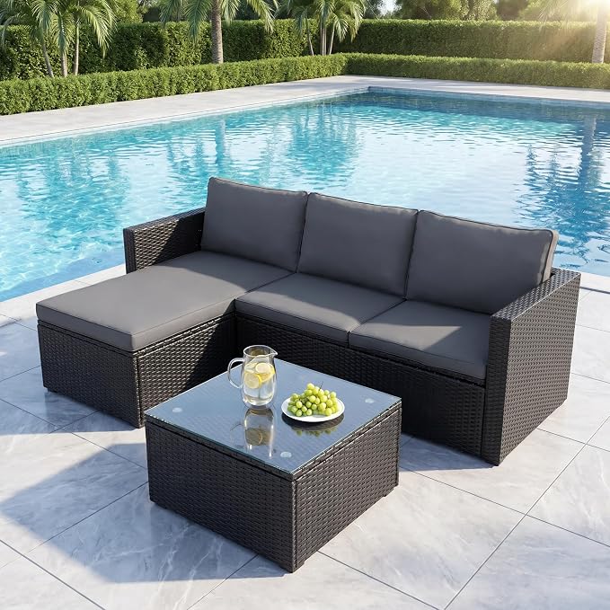 SUNLEI 3 Piece Patio Furniture Set, Outdoor PE Rattan Sectional Sofa Set with Ottoman, Detachable Cushions and Glass Coffee Table, Patio Conversation Set for Backyard Balcony Porch, Black Rattan/Grey