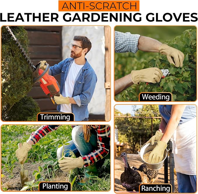 HANDLANDY Leather Gardening Gloves, Leather Work Gloves for Men Women | Durable Utility Men Women Garden Yard Working Glove, for Landscaping, Mechanic, Construction, Driving, Farming, Ranching