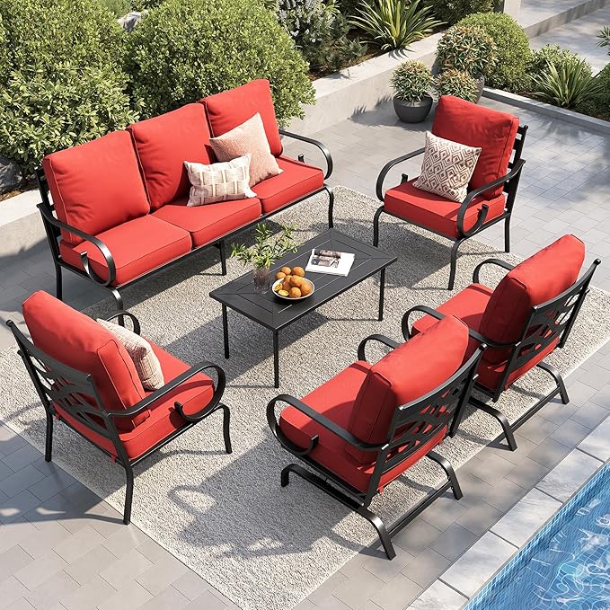 PHI VILLA Patio Furniture Set, 3-Seater Sofa, 2 Fixed Chairs, 2 Rocking Chairs and a Coffee Table, Outdoor Metal Conversation Set with 5.75" Extra Thick Cushion for Garden Backyard Deck, Red