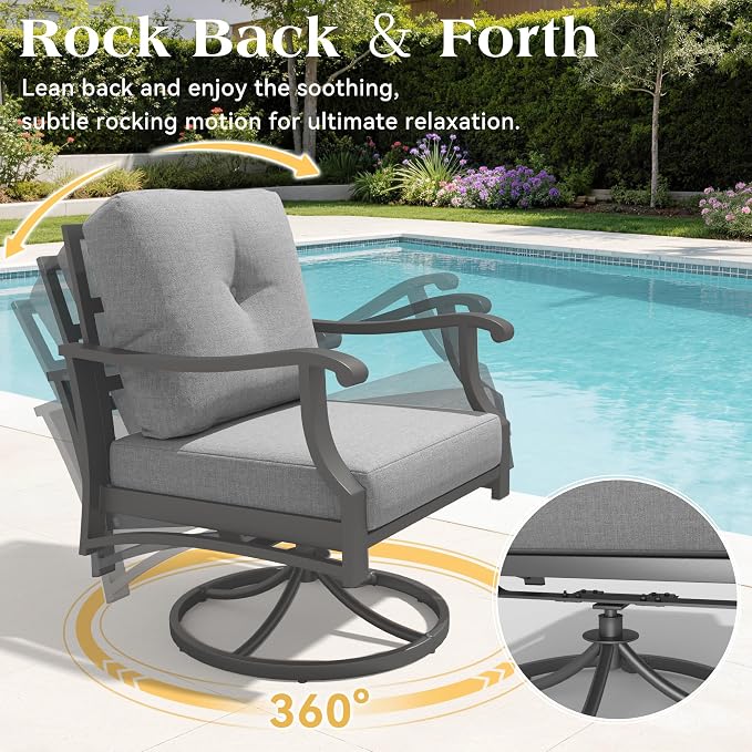 9 Piece Patio Conversation Set, Outdoor Metal Furniture Set w/Rocking Swivel Chairs, 3-Seat Sofa, Ottomans and Coffee Side Table, 5" Thickened Cushions for Backyard, Poolside, Gray