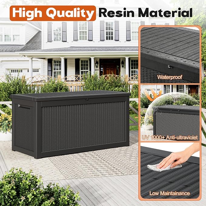 Outdoor Storage Box, Resin Deck Boxes Indoor and outdoor, Waterproof Storage Box Lockable Lid (Black,280 Gallon)