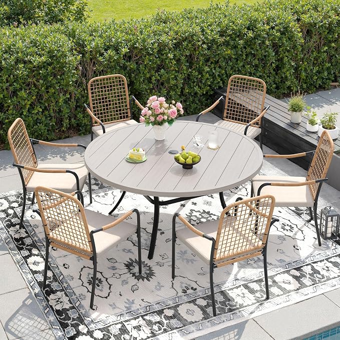 DIFY 7 Pieces Outdoor Dining Set for 6, 50" Round Dining Table with Umbrella Hole & Wicker Stackable Patio Chairs with Cushions, Metal Patio Table and Chairs Set for Backyard Porch, Grey Wood-Like