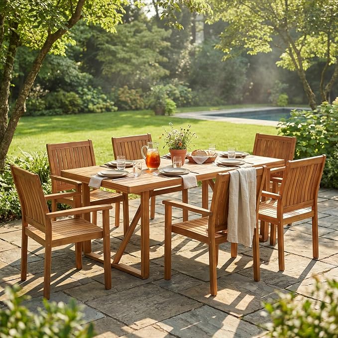 7-Piece Outdoor Acacia Wood Dining Set, 66.9" Rectangular Wooden Table and 6 Armchairs, Solid Wood Patio Furniture Group for Backyard, Garden, Deck and Poolside, Weather Resistant