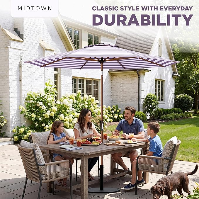 Midtown Umbrellas Wooden 2-8 Ft Patio Umbrella with 360° Swivel & Tilt Mechanism, 8 Fiberglass Ribs & Terylast Polyester Fabric for Deck, Pool, Garden & Porch - Midtown Stripes Canopy, Wooden Pole