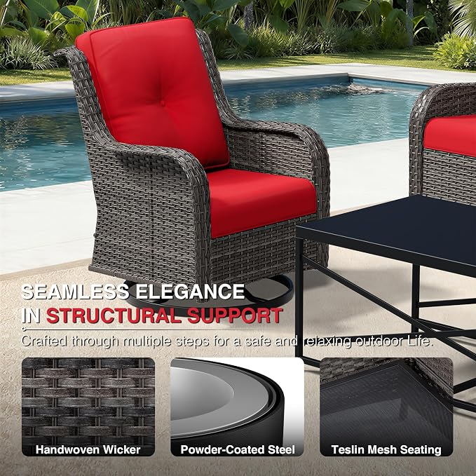 Joyside 7 Piece Wicker Patio Furniture Set, Outdoor Swivel Rocker Patio Chairs with High Back, Deep Seating, Wide Armrest, Thickened Cushions, Outdoor Furniture for Deck, Porch Use
