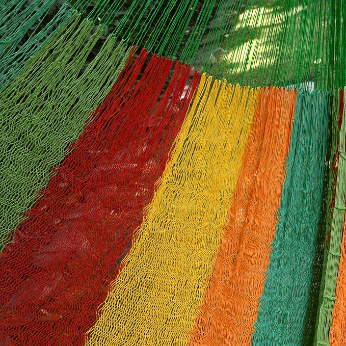 NOVICA Green Yellow Red Striped Hand Woven Cotton Mayan 2 Person XL Rope Hammock, 'Colima' (Double)