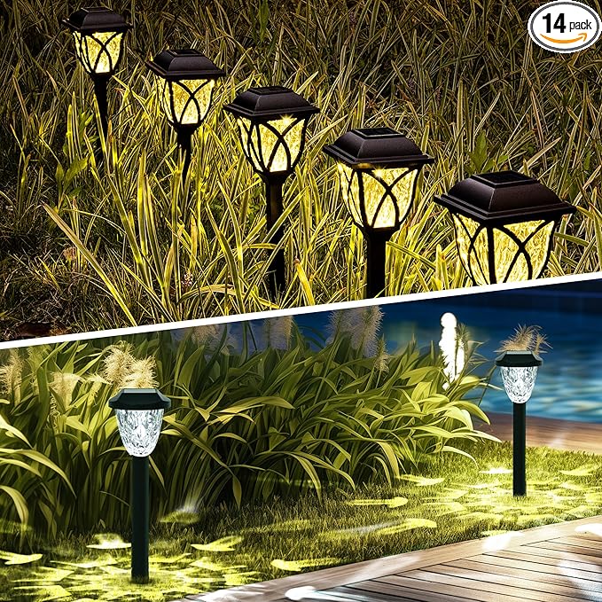 GIGALUMI Solar Pathway Lights, Outdoor Waterproof, Auto On/Off, LED, White, 14 Count, Modern, Classic Style, Crystal, Highly Efficient, Patio, Yard, Landscape, Walkway