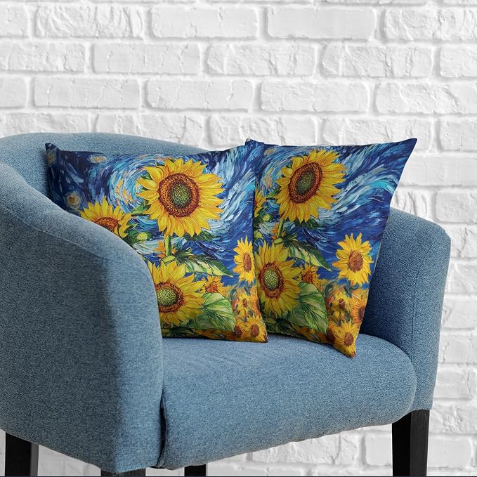 Sunflower Pillow Covers 18x18 Set of 2 Van Gogh Starry Night Throw Pillow Covers Oil Painting Sunflowers Pillow Case Spring Summer Cotton Linen Cushion Case for Sofa Garden Patio
