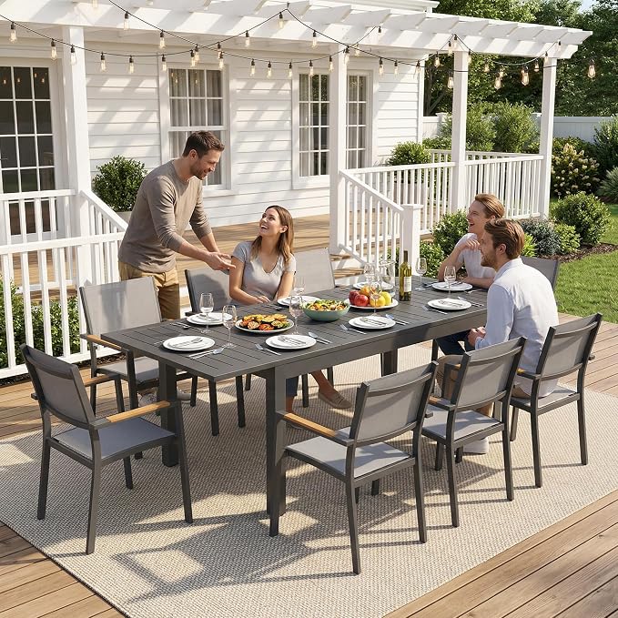 RoyalCraft Aluminum Outdoor Patio Table and Chairs Set with 91.7" L-62 L Expandable Dining Table, 9-Pieces Patio Furniture Set for 8, Outdoor Dining Set with Stackable Quick Drying Chairs, Grey