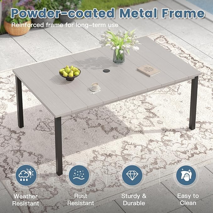 DIFY 7 Piece Outdoor Dining Set, 63" Grey Wood-Like Rectangle Metal Patio Table and Grey Textilene Stackable Chairs for 6, All Weather Patio Furniture Set with Umbrella Hole for Backyard Garden Deck