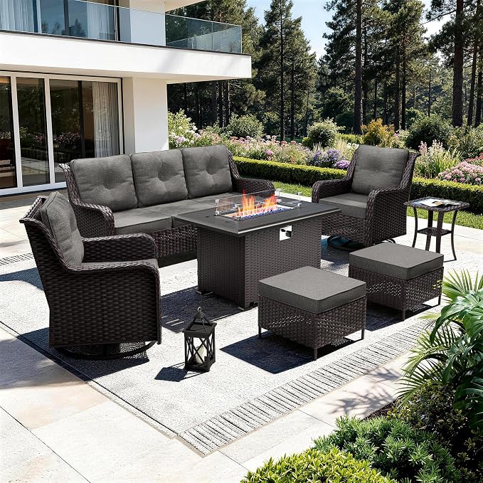 7-Piece Patio Furniture Set,Outdoor Conversation Sets w/Fire Pit Table&High Back Wicker Swivel Rocker Chairs,All-Weather Wicker Sectional Sofa for Deck,Yard and Poolside,Grey