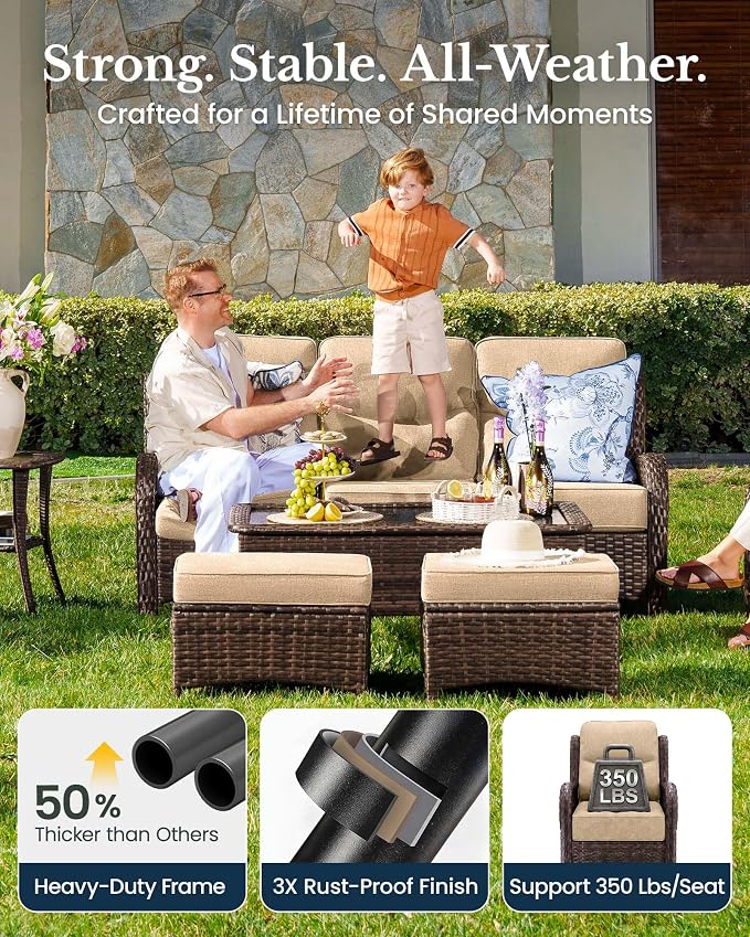 HILLGA 8-Piece Luxury Patio Furniture Set with 6" Thick Cushions, Weather-Resistant Wicker High Back Swivel Rocker Chairs, Senior-Friendly Outdoor Sofa Set for Large Deck, Yard and Poolside, Beige(V2)