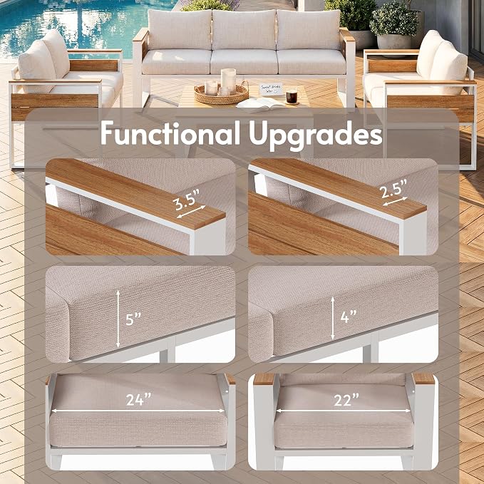 ENSTVER Aluminum Patio Furniture Sets, 5-Seat Outdoor Sofa with Premium Olefin Fabric Cushions & Zero-Maintenance Frame, Patio Sectional Conversation Set for Poolside, Garden
