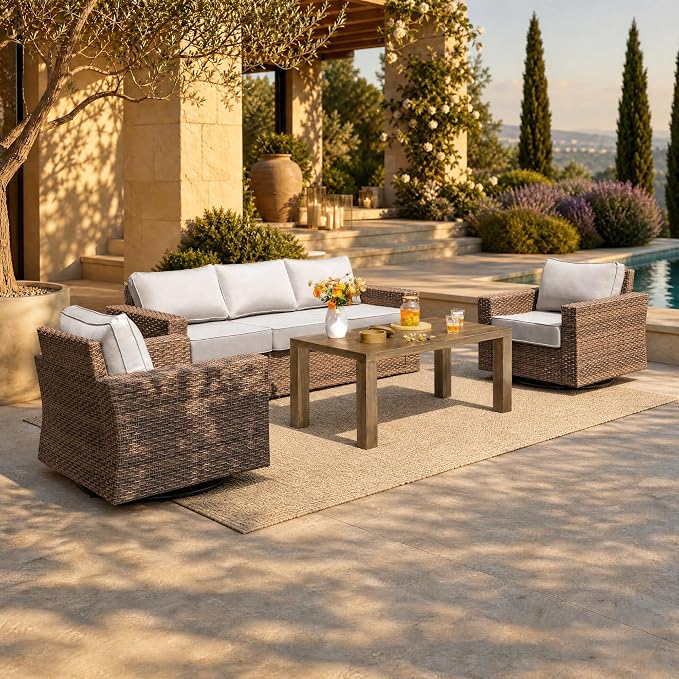 HERA'S HOUSE Patio Furniture Conversation Set, Outdoor Swivel Glide Wicker Chairs with 4.92" Widened Armrest, 4 Pieces Deep Seating Yellow Rattan Sofa with 5.5" Gray Cushions for Deck Garden Yard