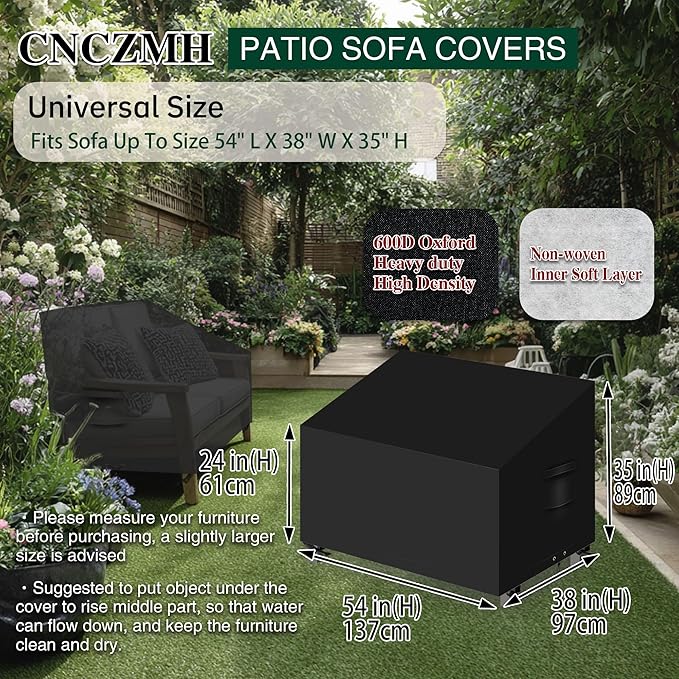 Heavy Duty Patio Sofa Covers Waterproof, Outdoor 3-Seater Couch Cover Waterproof, 600D Outdoor 2-Seater Loveseat Furniture Covers with Air Vent Handle 54''W x 38''D x 24''H/ 35''H Black