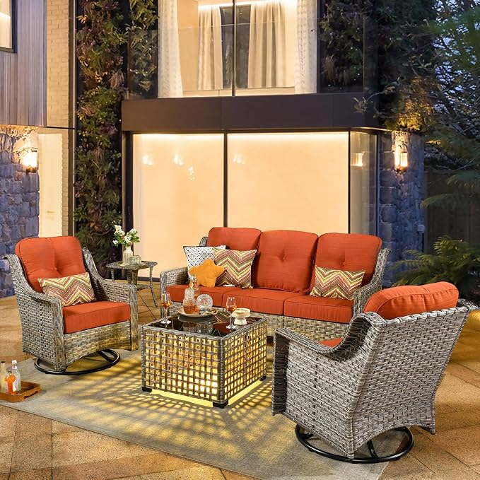 HOOOWOOO 5 Piece Patio Furniture Conversation Sets with Swivel Rocking Chairs,Outdoor Wicker Furniture with LED Tablet,All Weather Resistant High Back Rattan Conversational Set(Orange Red)