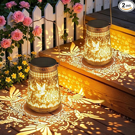 2 Pack Solar Lanterns Outdoor Waterproof Birthday Gifts for Women Mom Grandma, Hollowed-Out Metal Hummingbird Hanging Solar Lantern Lights Outdoor Decor, 2 Modes Lights Decor for Yard, Patio