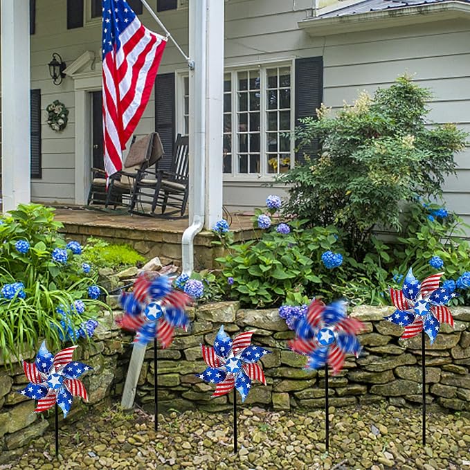 Hausse 10 Pack Reflective Pinwheels Patriotic Decorations (Assembly Required), American Flag Wind Spinner with Stake for Independence Day, Memorial Day July of 4th, Scare Birds Repellent Devices