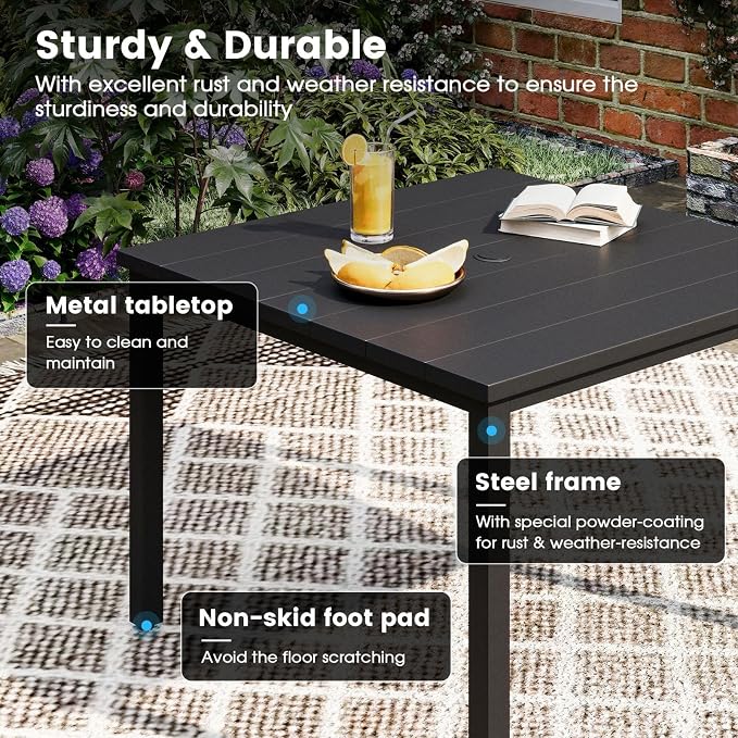 DIFY 5 Pieces Patio Dining Set, 40.2" Black Square Dining Table with Umbrella Hole and 4 Black Swivel Patio Chairs, All Weather Metal Outdoor Dining Furniture Set for Lawn Garden Balcony
