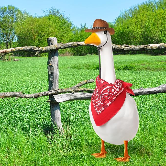 Shyyween Western Cowboy Porch Goose Outfits for 23"/ 17'' Lawn Cement Goose Statue Clothes Cowboy Hat with Bandana Scarf(Brown,Red)
