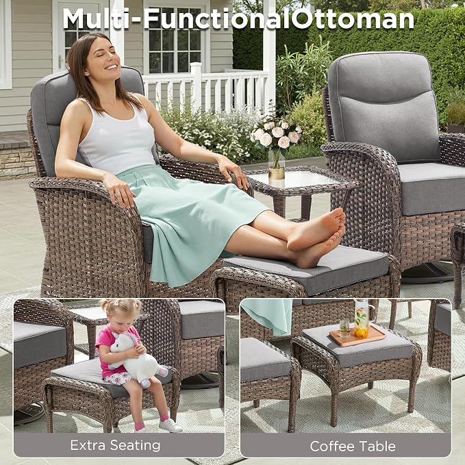 Luxury Outdoor Patio Furniture Set with 6-Inch Thick Cushions, 6 Pieces All-Weather Wicker Outdoor Furniture with Outdoor Rocking Chair, Outdoor Patio Conversation Sets for Garden Porch Deck, Grey