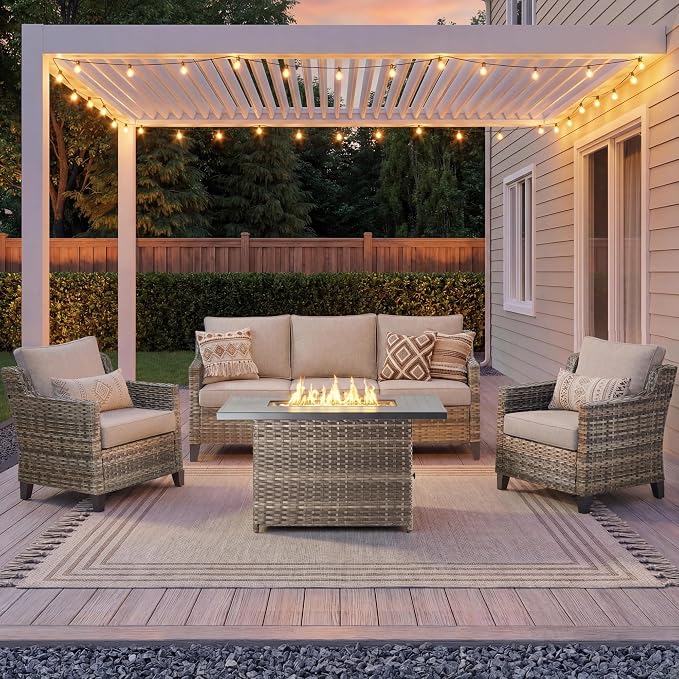 Patio Furniture Set with 42.5" Fire Pit Table-4 Pieces All Weather Wicker Outdoor Furniture with High Back Wicker Patio Chairs Set of 2 Outdoor Couch for Deck Backyard Beige/Gray