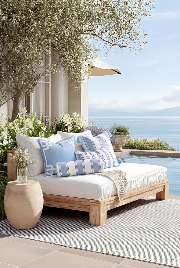 Hofdeco Premium Coastal Hampton Outdoor Performance Lumbar Pillow Cover Only, 12"x20" Water Repellent, UV and Fade Resistant for Backyard, Couch, Poolside, Azure Blue Indigo Woven Bayside Stripes