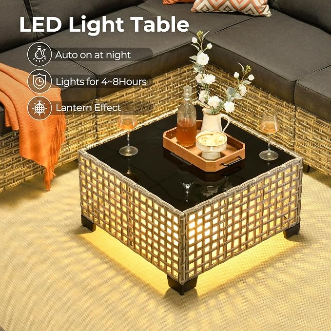 HOOOWOOO Sectional Patio Furniture Set with Fire Pit Table,12 Pieces Wicker Outdoor Furniture L Shaped Couch,Outside Conversation Set Extra Deep Sofa Wide Arm Swivel Chairs Solar Light,Black