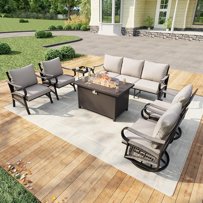 7 Pieces Outdoor Patio Conversation Sets, Outdoor Furniture Set Metal 3-Seater 2 Swivel Rockers with Side Table 2 Single Chairs with Fire Pit Table for Backyard Deck Porch Poolside, Beige