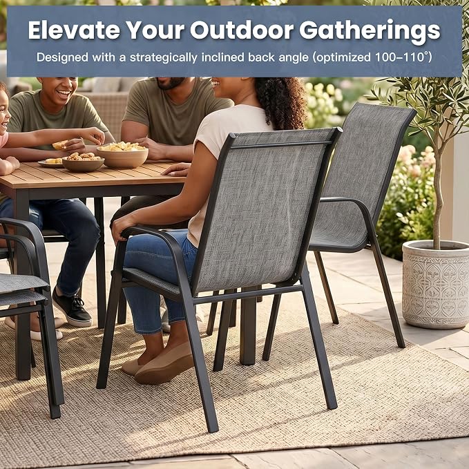 VICLLAX Patio Dining Set for 4, All Weather 5-Piece Patio Set-37.8" Square Outdoor Table and 4 Stackable Chairs for Lawn Garden and Backyard,Grey Wood Grain Tabletop