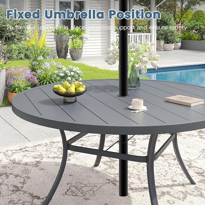 DIFY 9 Pieces Outdoor Dining Set for 8, 63" Round Dining Table with Umbrella Hole & Wicker Swivel Patio Chairs with Cushions, Metal Patio Table and Chairs Set for Backyard Porch Garden, Grey