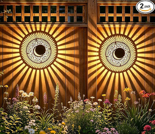 2 Pack Solar Fence Lights Outdoor, Decorative Solar Wall Lights with Mandala Pattern, IP65 Waterproof LED Wall Sconce Lantern for Garden Yard Fence Decor, Patio Pathway, Gift for Women Mom